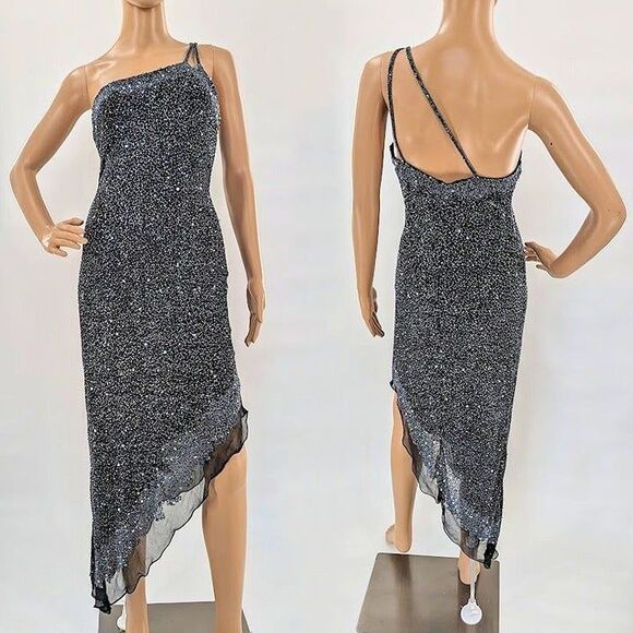 Vintage 90s Scala Silk Gown Black Beaded Sequins Off Shoulder Siren Size M - Picture 3 of 13